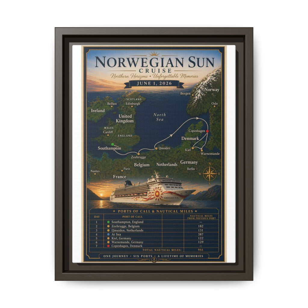 Norwegian Sun Cruise Route Matte Canvas — Custom Framed Sailing Memento