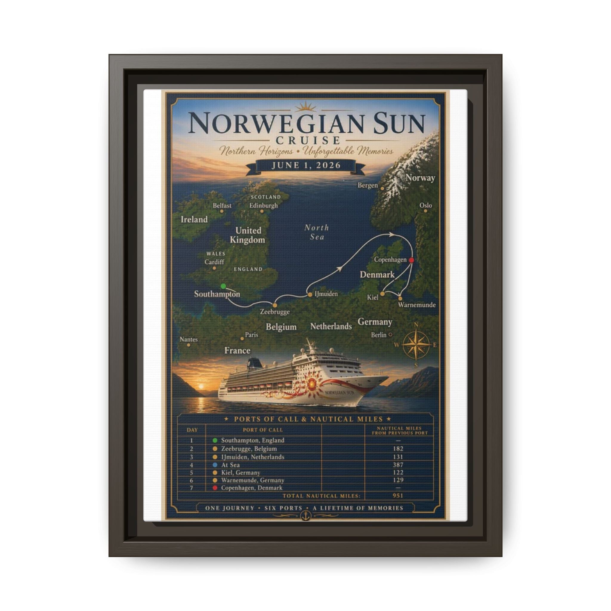 Norwegian Sun Cruise Route Matte Canvas — Custom Framed Sailing Memento