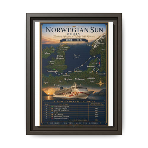 Norwegian Sun Cruise Route Matte Canvas — Custom Framed Sailing Memento
