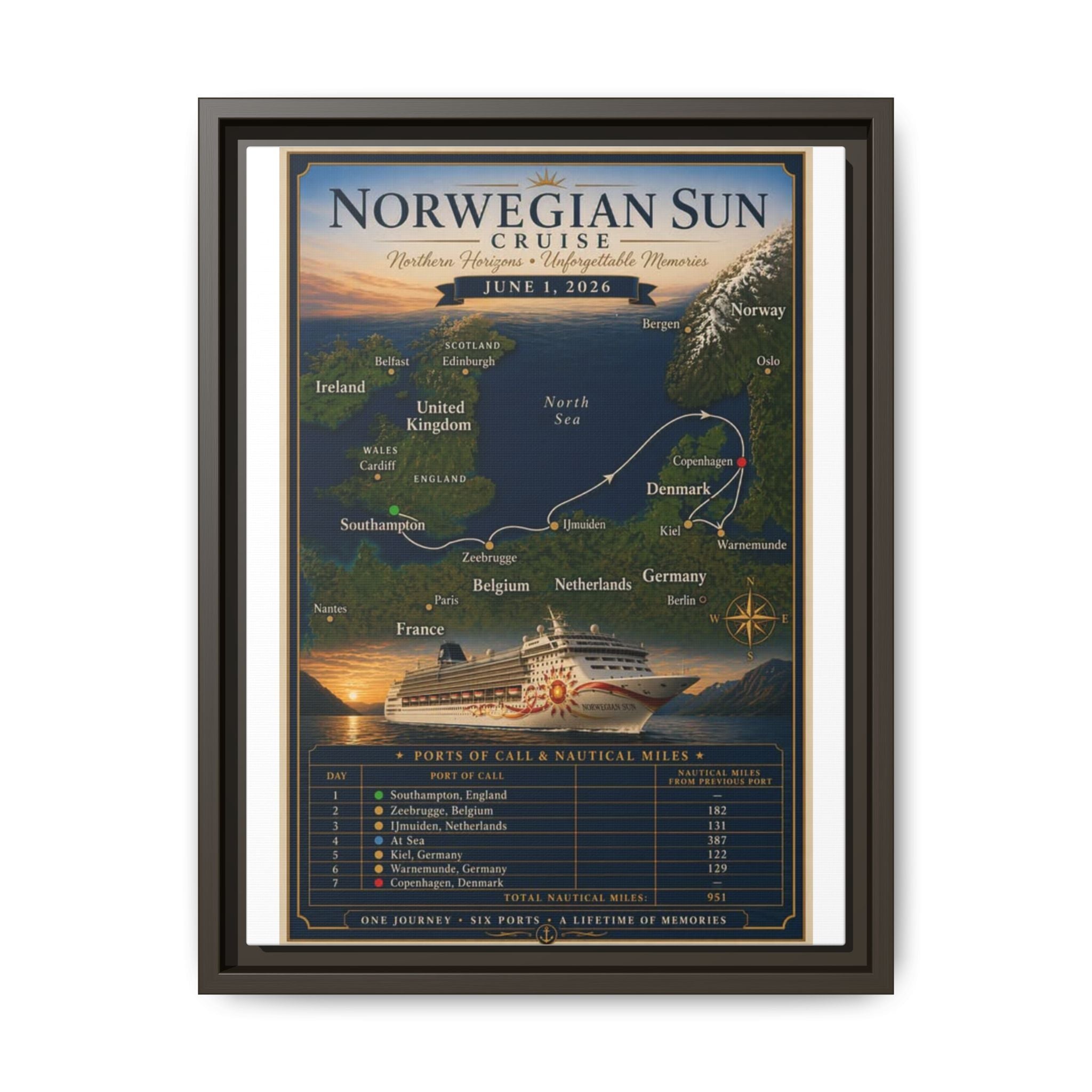 Norwegian Sun Cruise Route Matte Canvas — Custom Framed Sailing Memento